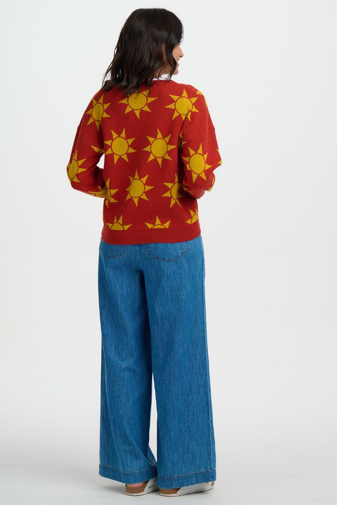 Back view of Person wearing a red sweater with yellow sun patterns and blue jeans on a white background