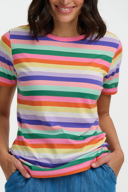 Person wearing a colorful striped shirt with a plain background