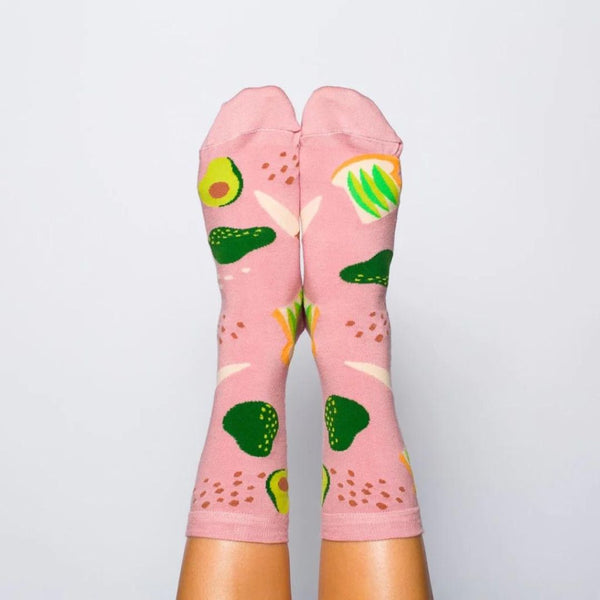 Yellow Owl Workshop Avocado Toast Socks in Small. Worn by foot model.