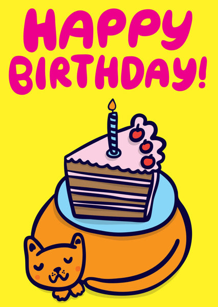 Illustration of Able & Game Cake on Cat Happy Birthday Card. 