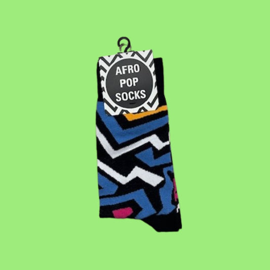 Colorful sock with geometric pattern and 'Afro Pop Socks' label on a green background