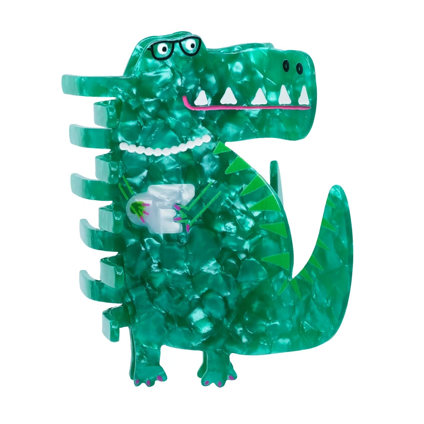 Tine the T-Rex Hair Claw wearing glasses, pearl necklace and holding a cup of tea