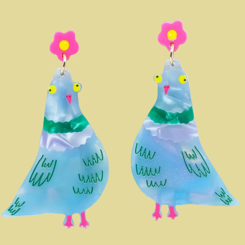 Colorful bird-shaped earrings with floral elements on a white background