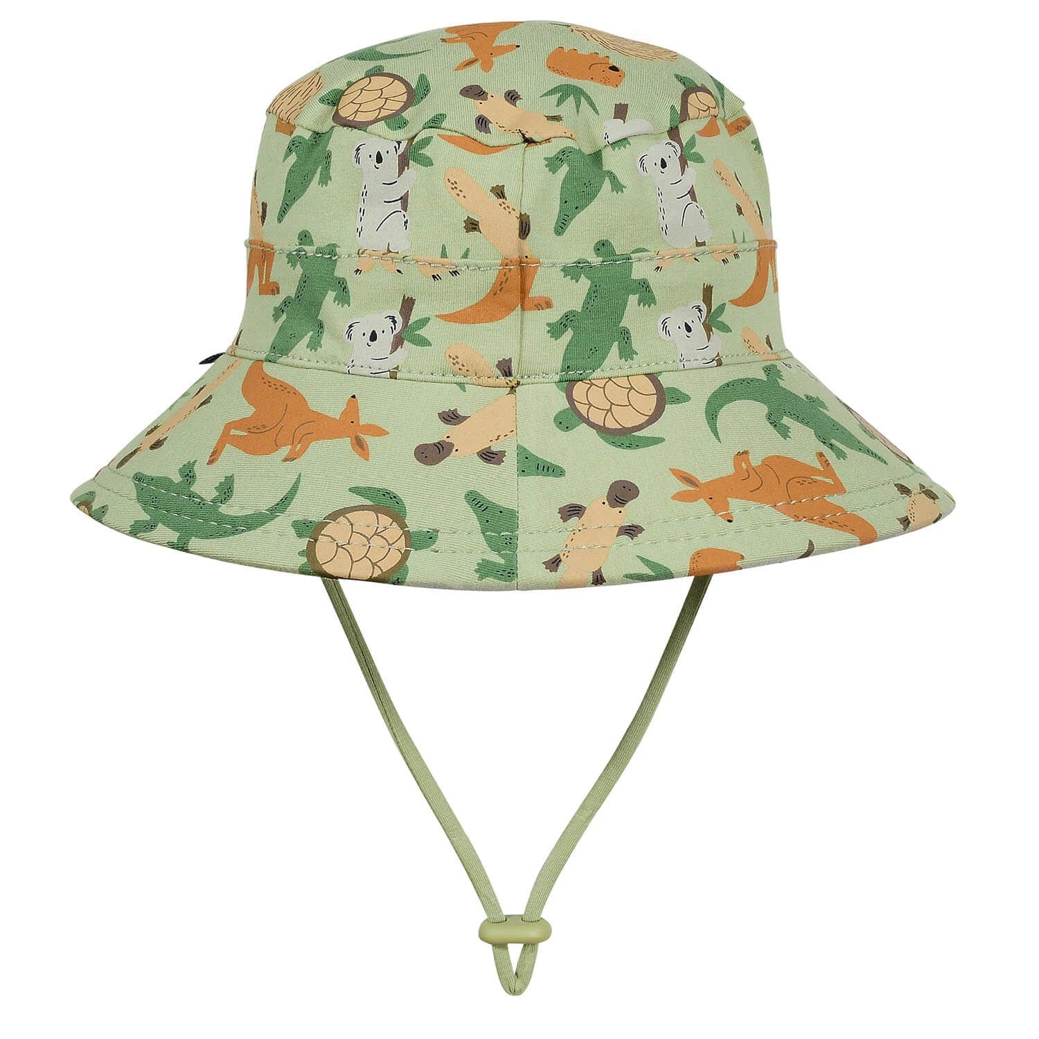 Back view of Children's bucket hat with Australian animal patterns on a white background