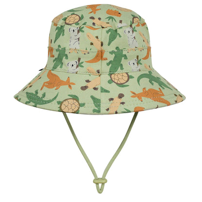 Back view of Children's bucket hat with Australian animal patterns on a white background