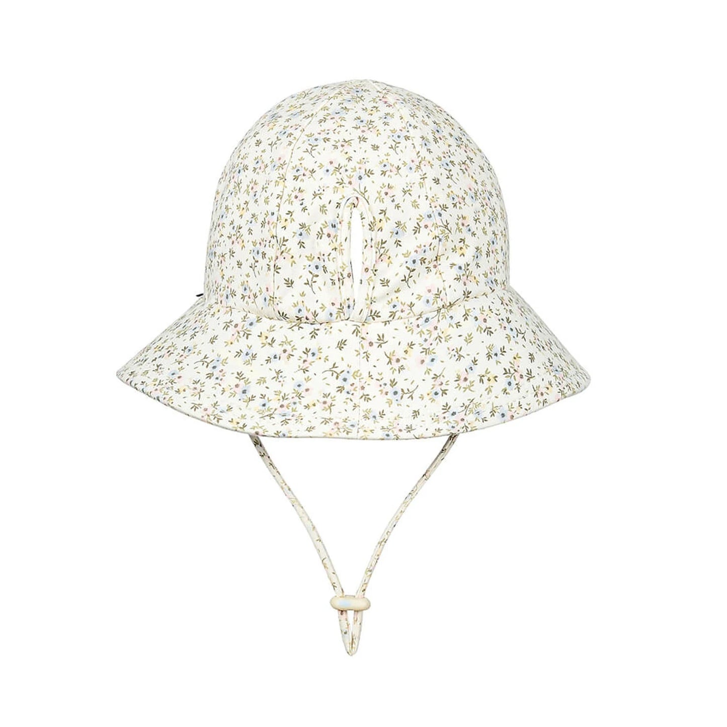 Back view of Floral print bucket hat showing off the ponytail slit on a white background