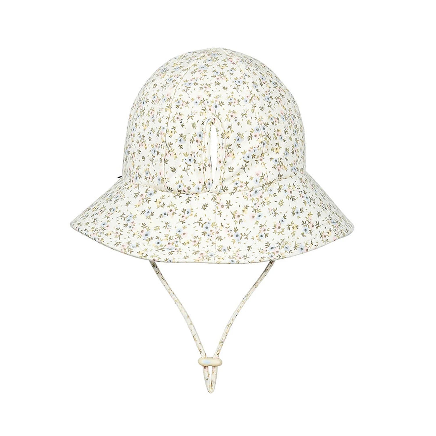 Back view of Floral print bucket hat showing off the ponytail slit on a white background