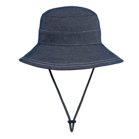 Blue-black denim bucket hat with a strap on a white background