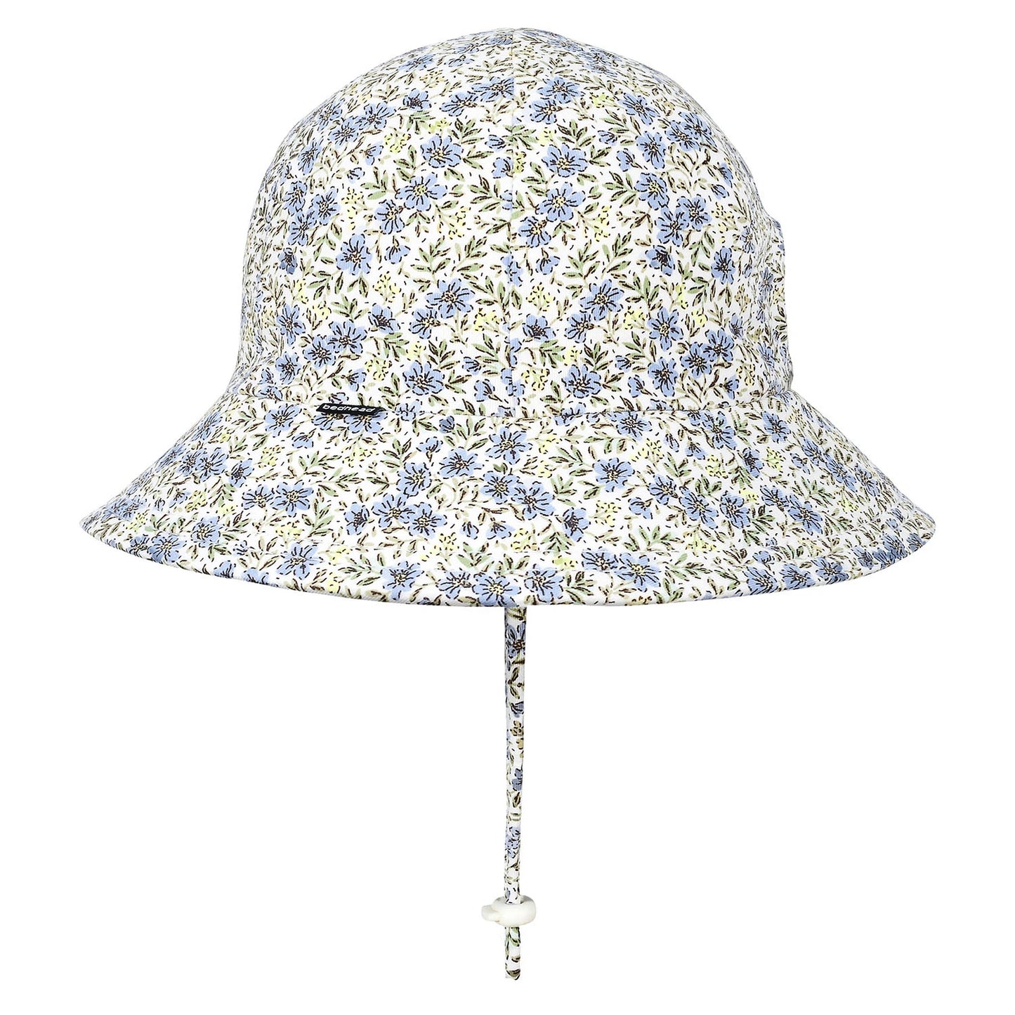Side view of Floral patterned bucket hat on a white background