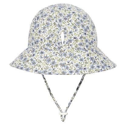 Back view of Floral patterned bucket hat with a strap and ponytail slit on a white background