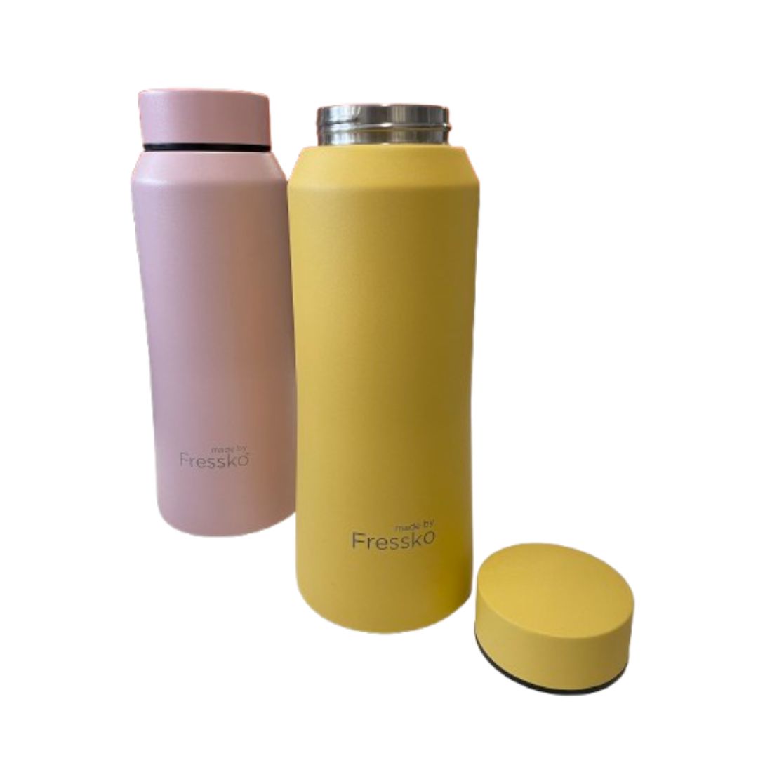 Two colorful water bottles with a yellow one and a pink one on a white background, branded 'Fressko'.