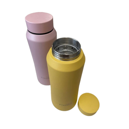 Yellow and pink infuser bottles on a white background. The yellow bottle is showing the infuser strainer inside the bottle.