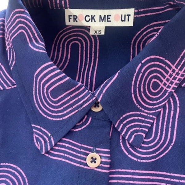 Close up of the lapel of Frock Me Out Labyrinth Shirt in XS