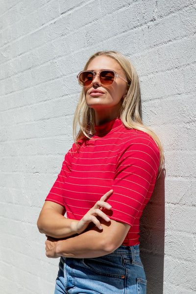 Frock Me Out Lurex Stripe Mock Neck Tee - Red