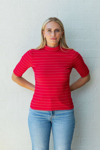 Frock Me Out Lurex Stripe Mock Neck Tee - Red