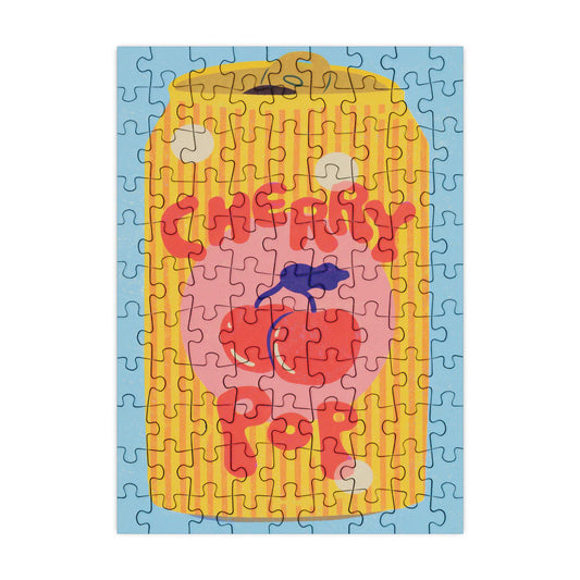 Jigsaw puzzle with a colorful design of a can of cherry pop on a blue background