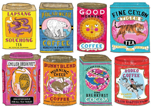 Illustrated collection of colourful tea and coffee tins with various designs and text.