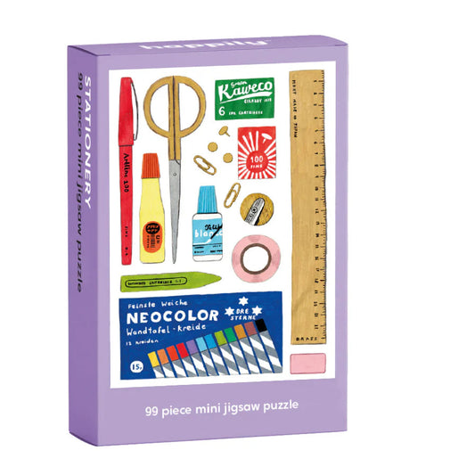 Mini puzzle box with illustration of various stationery items on a white background