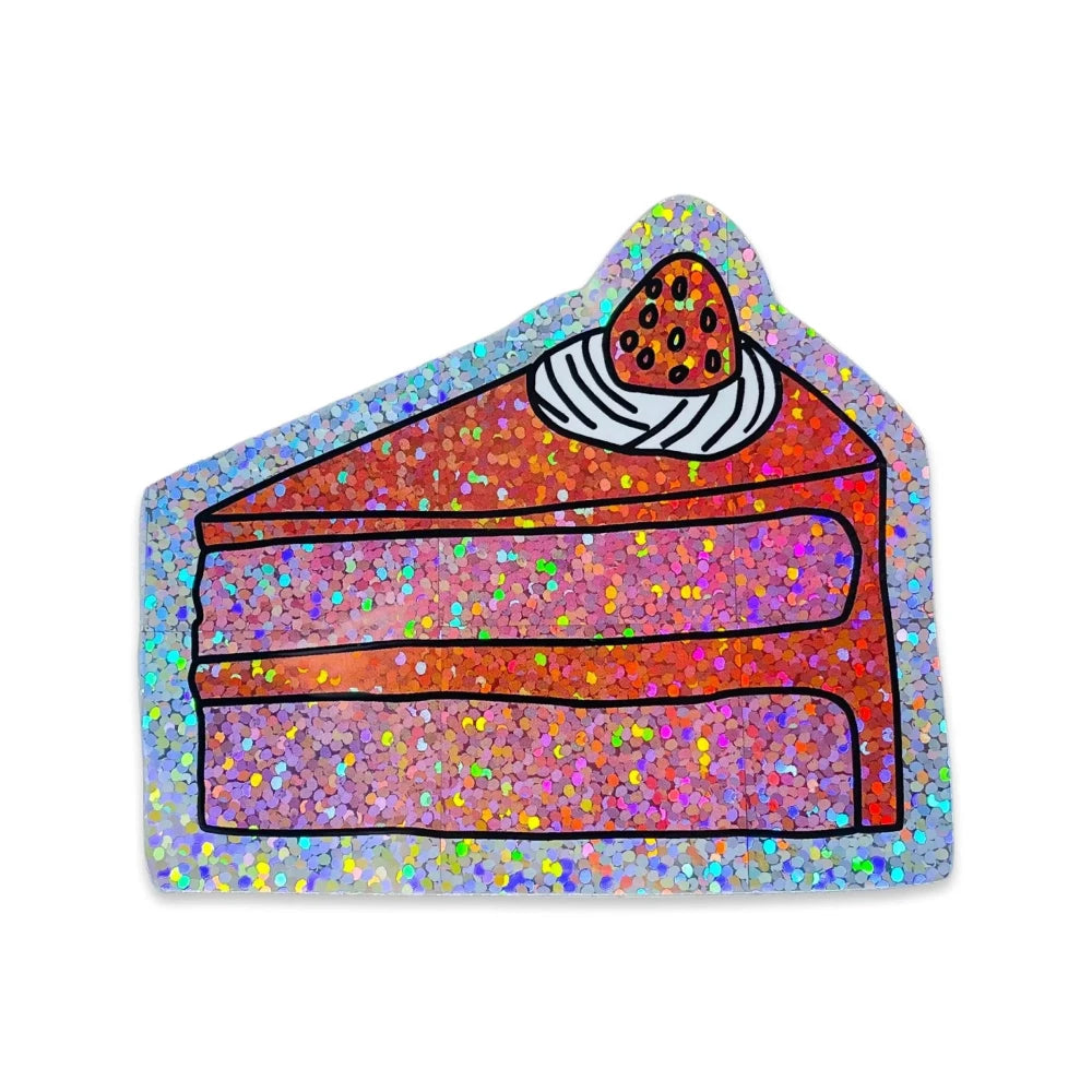Colorful slice of cake sticker with glittery effect on a white background