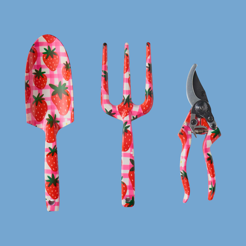 the 3 hand tools - spade, fork and secateurs covered in the strawberry jam pattern.
