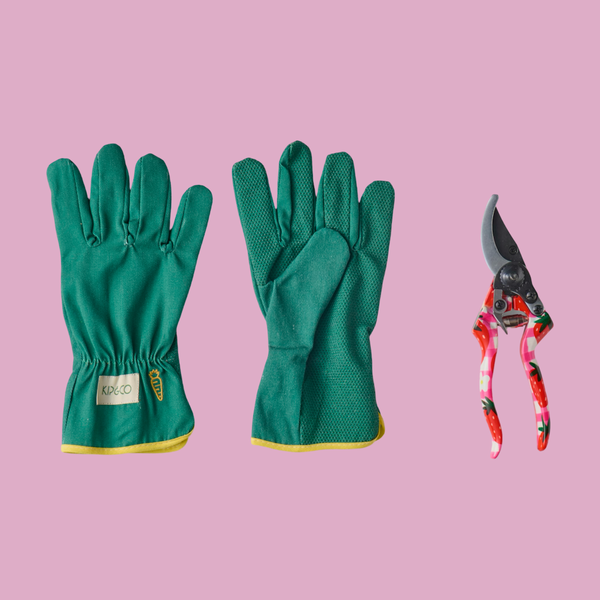 the pair of green cotton gloves and a closed pair of secateurs in the strawberry jam pattern.