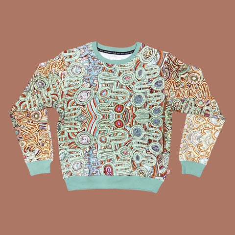Flat lay of Kip&Co X Ernabella Arts Ngayaku Ngura Adult Organic Cotton Sweater