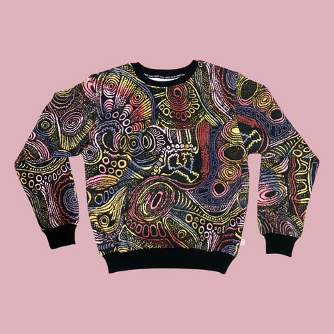 Flat lay of Kip&Co X Ernabella Arts Tjala Tjukurpa Adult Organic Cotton Sweater