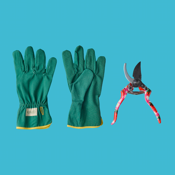 the pair of green cotton gloves and an opened pair of secateurs in the strawberry jam pattern.