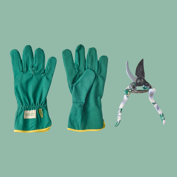 a pair of cotton gloves with an opened pair of secateurs.