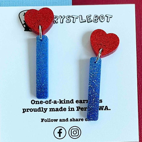 Krystlebot Heart Lollipop Earrings - Red/Blue Glitter