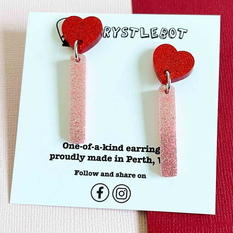 Krystlebot Heart Lollipop Earrings - Red/Pink Glitter