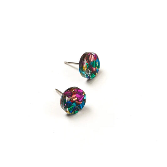 A pair of multicolored round earrings on a white background