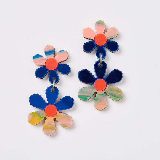 Martha Jean Twin Daisy Chain Earrings - Blue / Peach Watercolour