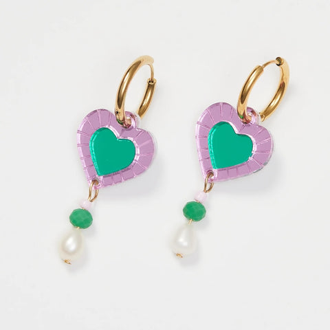 Martha Jean Heart & Bead Earrings - Violet/Green