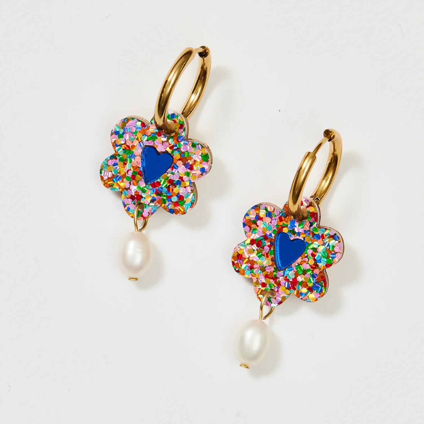 Martha Jean Heart Flower & Pearl Earrings - Rainbow