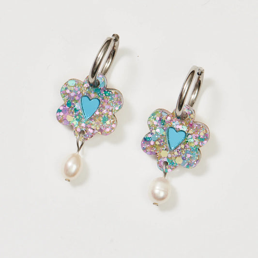 Martha Jean Heart Flower & Pearl Earrings - Blue Mermaid