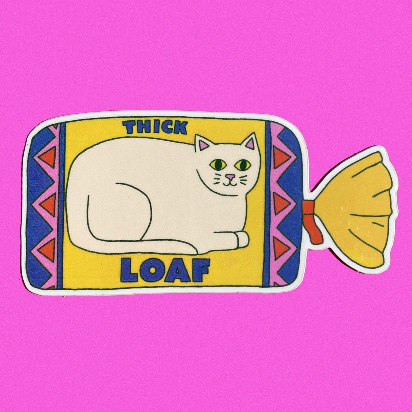 Sticker by Naomi Wilkinson of a bread bag labelled 'THICK LOAF' on a pink background
