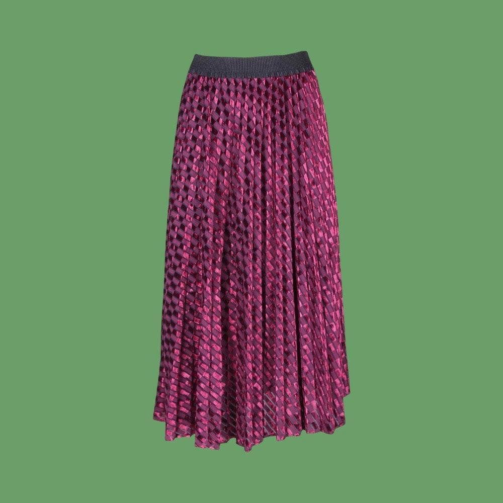 Burgundy red patterned skirt on a sage green background
