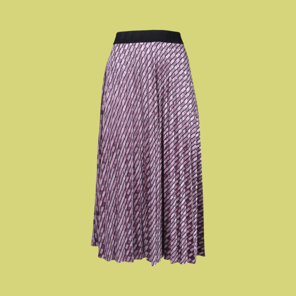 Silver-light purple patterned skirt on a muted yellow background