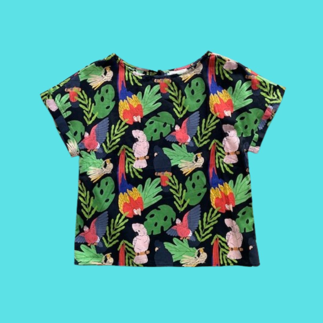 Short-sleeve shirt with Australian birds and leaves on a blue background