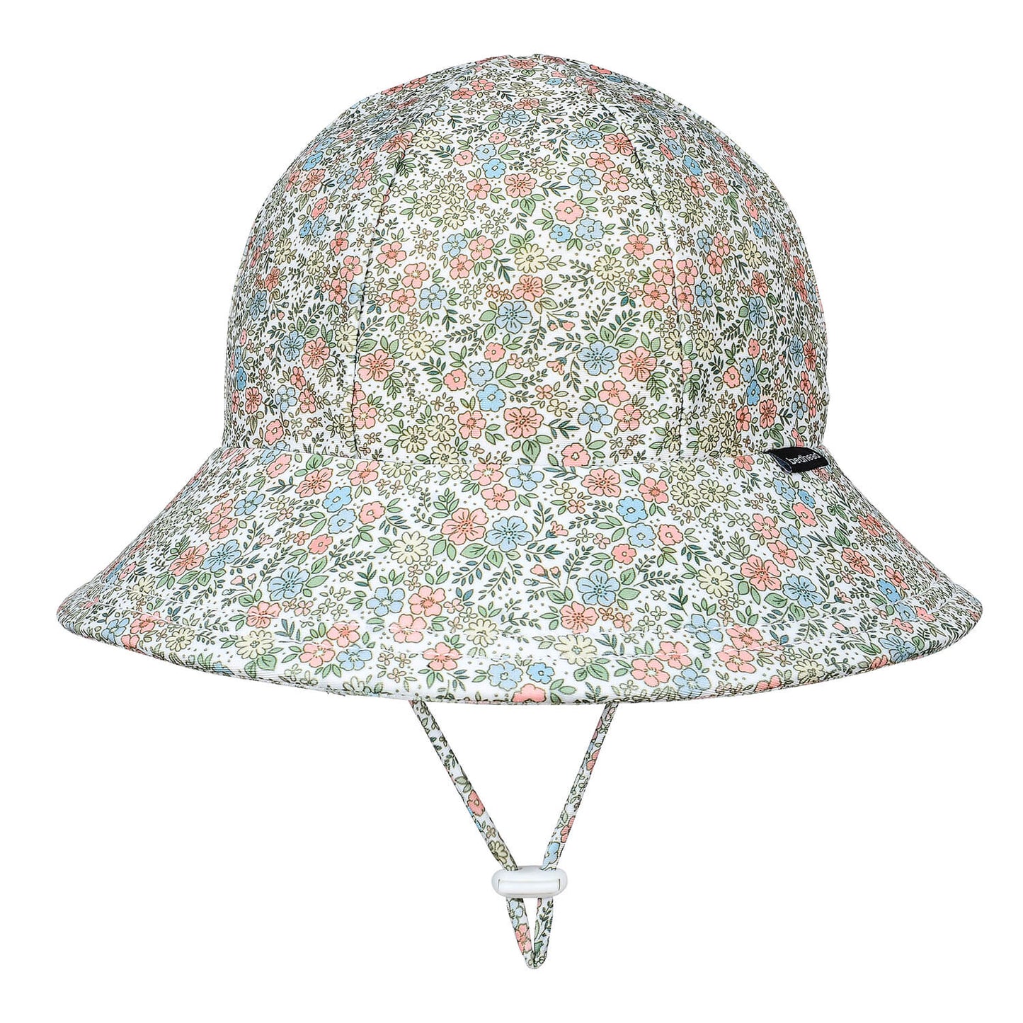 A bucket-style sun hat with a dense multicolor floral print on a white background, featuring a chin strap with a white plastic toggle, shown against a plain white background.