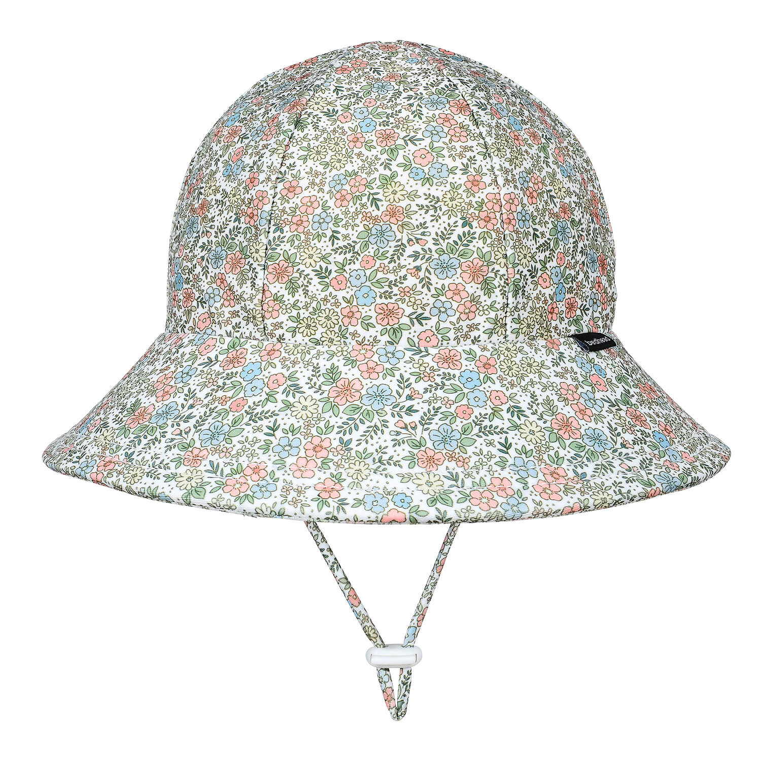 A bucket-style sun hat with a dense multicolor floral print on a white background, featuring a chin strap with a white plastic toggle, shown against a plain white background.