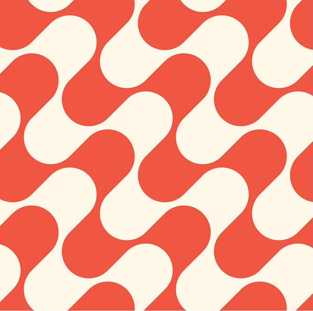 Fabric pattern of Project Ten Red Ripple Tiny Pouch - A repeating abstract pattern of coral-red and cream rounded capsule-like shapes filling the frame.