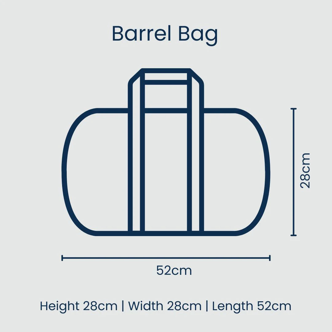 Diagram of a barrel bag with dimensions on a light gray background