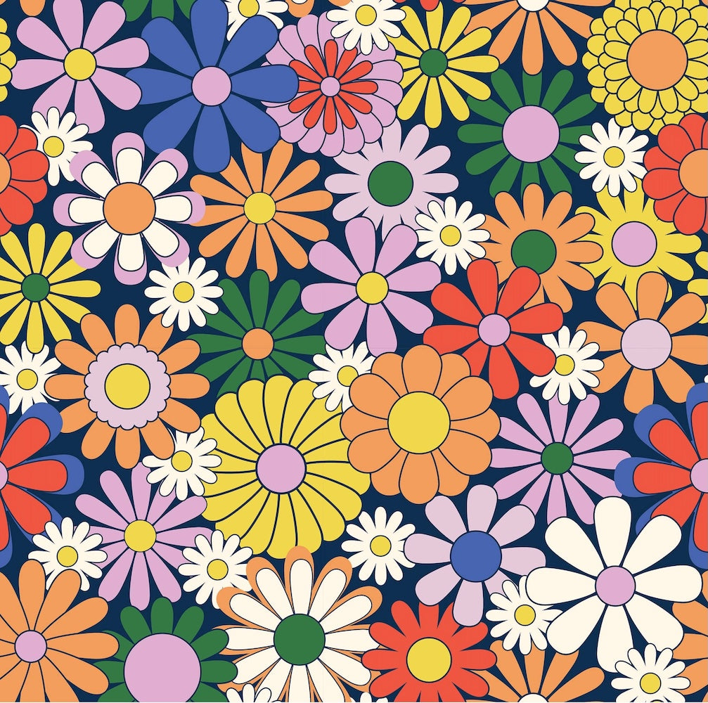 Fabric pattern of Project Ten Coastal Floral Tiny Pouch - A colourful seamless pattern of retro-style daisies and wildflowers in pink, orange, yellow, blue, green, and white on a dark navy background.