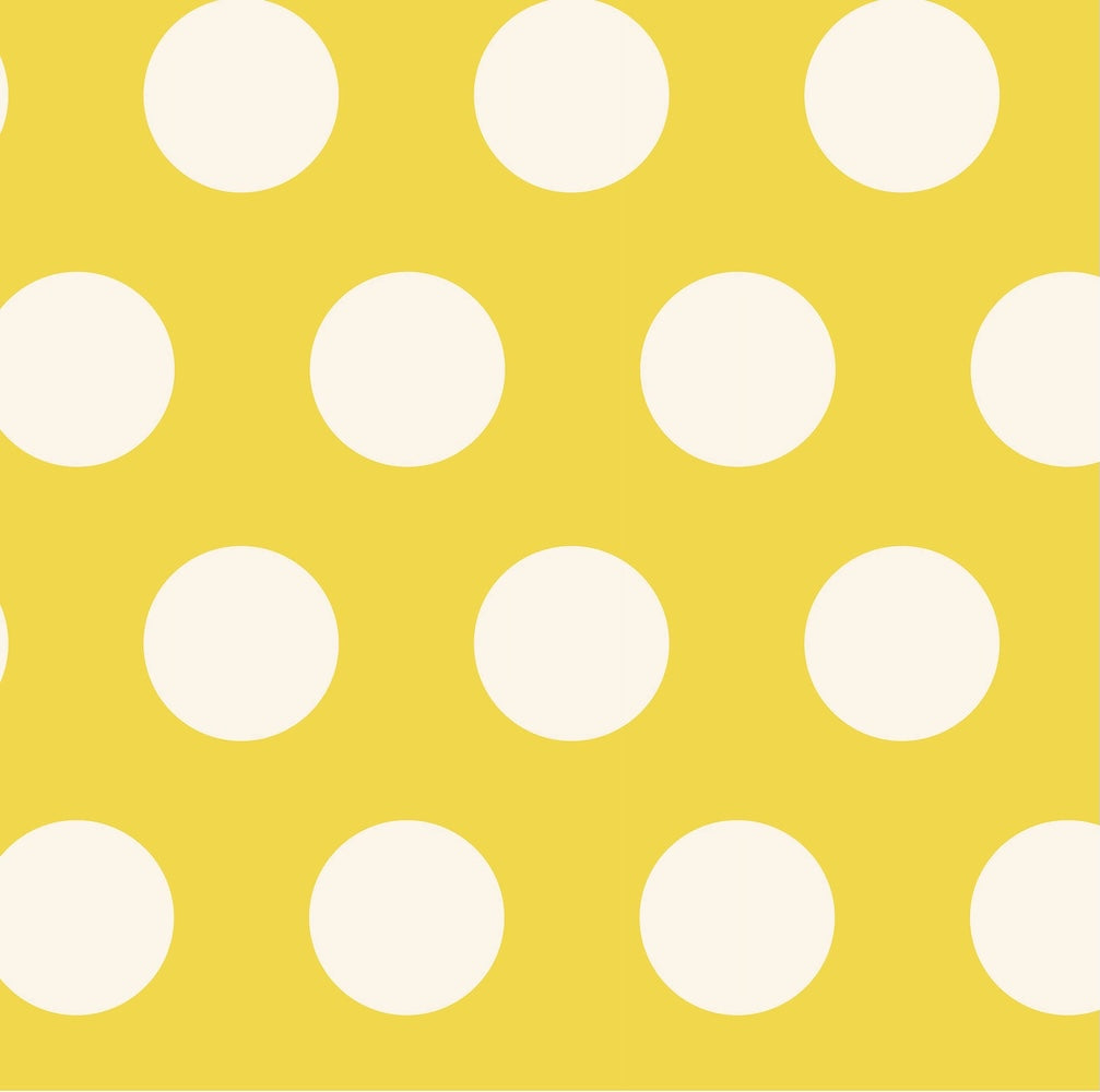 Fabric swatch for Project Ten Yellow Polka Dot Tiny Pouch - A repeating pattern of large off-white polka dots on a solid yellow background.