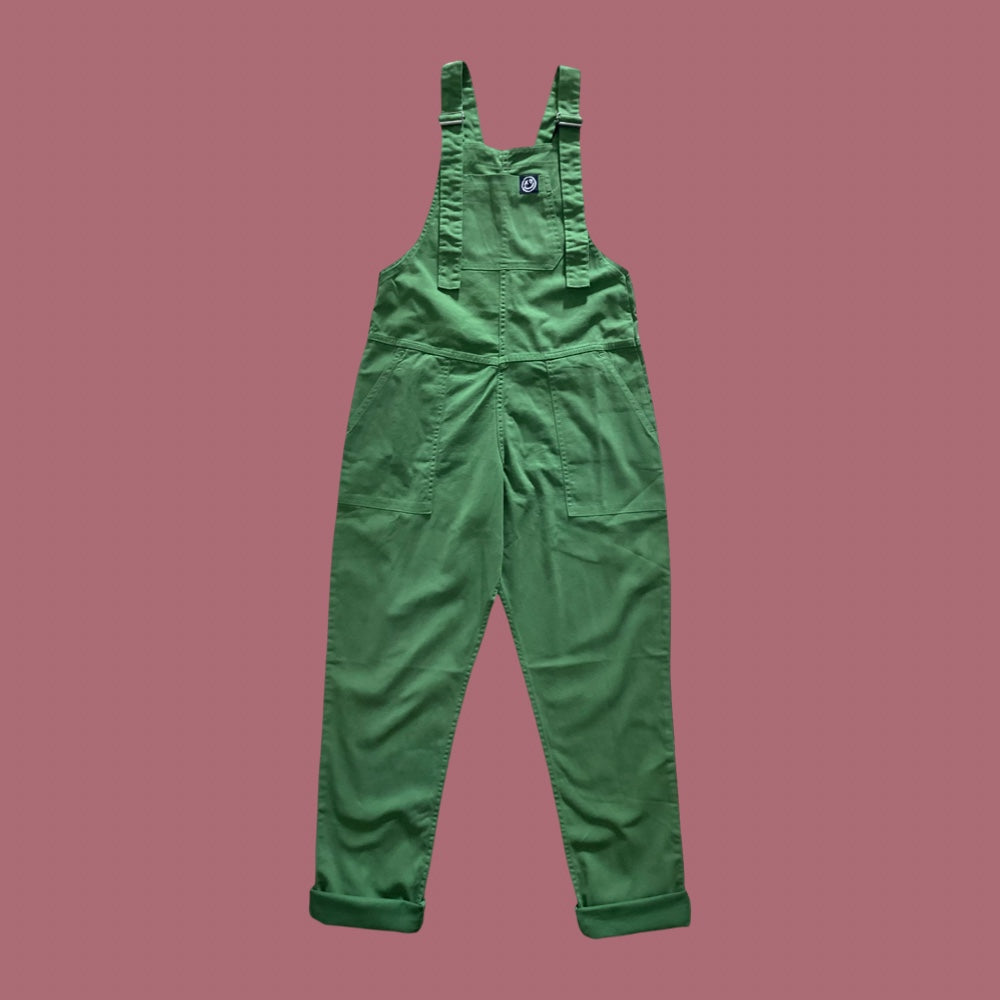 Front view of Rebel Romance Stretch Twill Dungarees in Forest Green