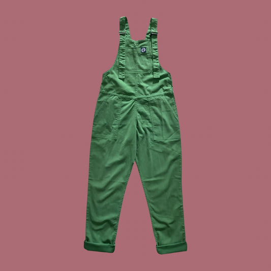 Front view of Rebel Romance Stretch Twill Dungarees in Forest Green