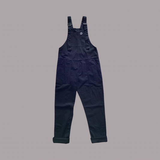 Front view of Rebel Romance Stretch Twill Dungarees in Jet Black