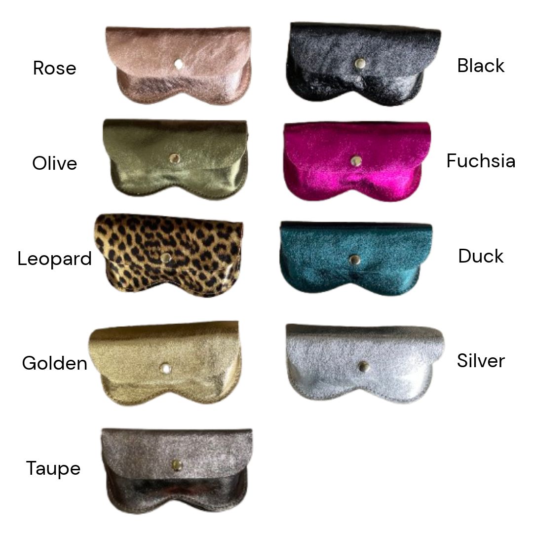 A collection of nine glasses cases shown in two columns on a white background, each labeled with a color name: Rose, Black, Olive, Fuchsia, Leopard, Duck, Golden, Silver, and Taupe.